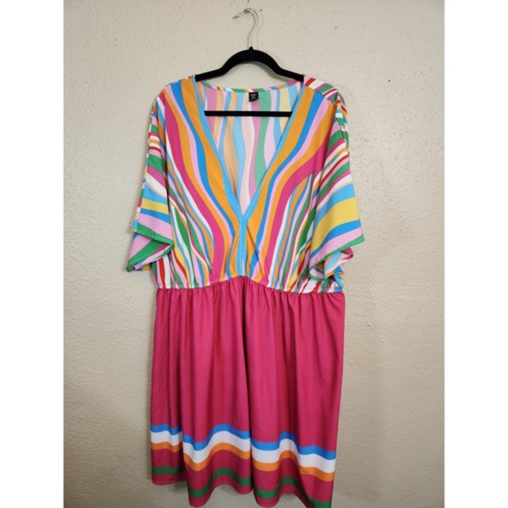 SHEIN Multicolor Striped Boho V-Neck Short Sleeve Knee Length Dress Size 4XL‎